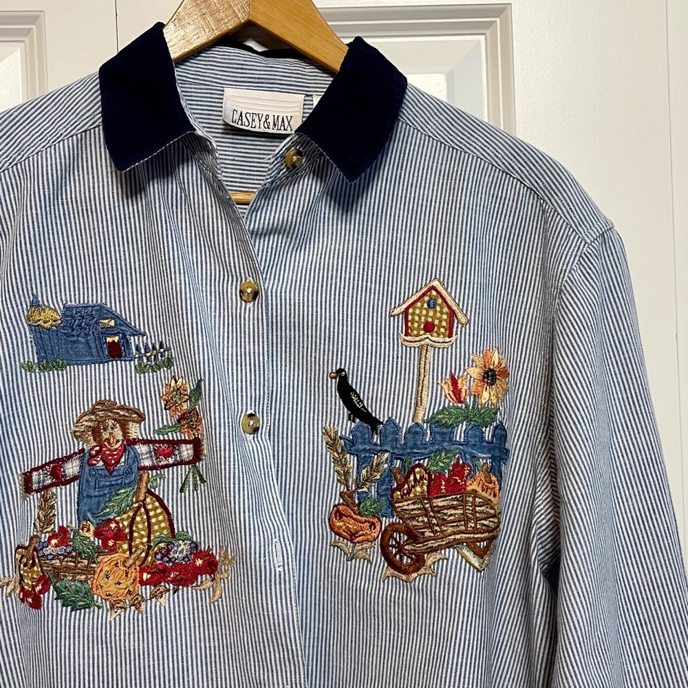 VTG 90s Autumn Fall Harvest Embroidery Button Down Casey & Max Women’s Size M